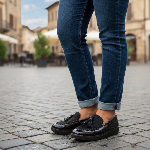 Fitflop Loafers 7 Women Black Patent Leather Calf Hair Tassel Patrina Paige - Picture 1 of 11
